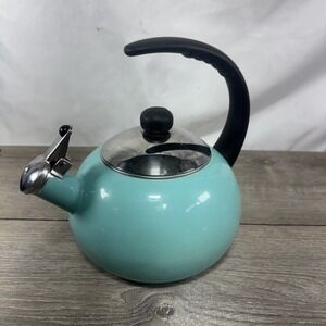 Farberware Luna Whistling Tea Pot Kettle 2.5 qt Aqua Enamel on Steel